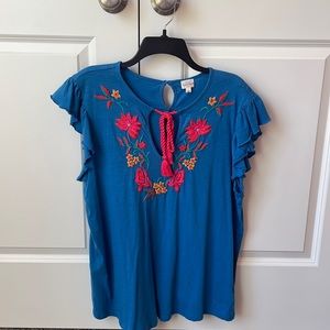 TJ Maxx Blue Tie Top w/ Colorful Designs